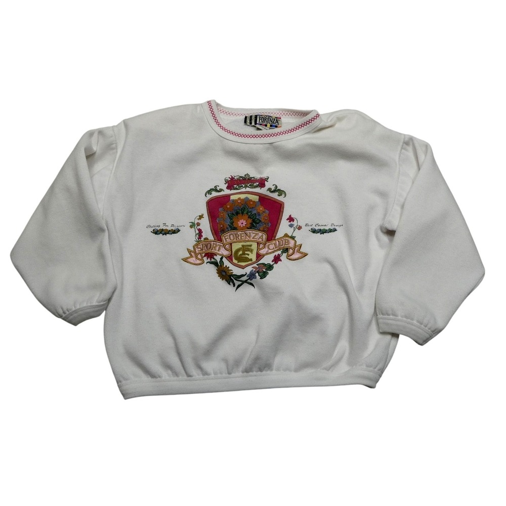VINTAGE Forenza Sweatshirt‎ Womens Medium White Pink Sport Club Crest Floral 90s